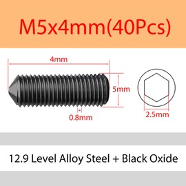 ORANXIN M5 x 4 mm 40 Pieces Taper Point Set Screws Level 12.9 Alloy Steel Hexagon Socket Cap Grub Screws Pointed Tip All Button