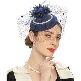 Pillbox Hats 20s 50s Vintage Fascinators for Women with Feather Mesh Veil Headband Bridal Wedding Tea Party (E1-Navy)