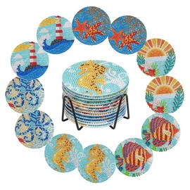 Ideen mit Herz 12 Diamond Painting Coasters with Metal Stand | 12 Cork Coasters | Includes Diamonds & Tools | 29 Pieces (Maritime 02)