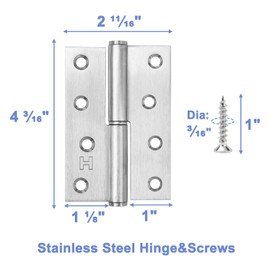 6 Pack Lift Off Door Hinges 4", Heavy Duty Stainless Steel Detachable H Hinge, Left Handed, Rust-Resistant, Indoor and Outdoor Use, Loading Capacity 50 Lbs