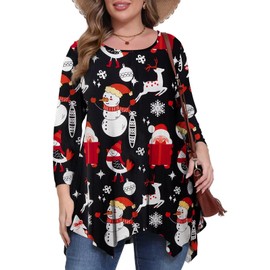 BELAROI Plus Size Tops for Women Christmas Tunic Tops 3/4 Sleeve Casual Snowman Print Swing Loose T Shirts Blouse(4X,Flower47)
