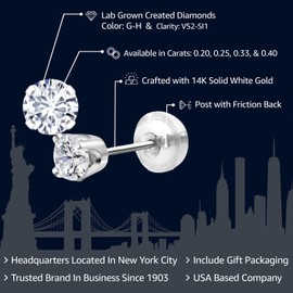 Gem Stone King 14K White Gold Lab Grown Diamond Stud Earrings | Gold Earrings For Women Men | G-H Color | VS2-SI1 Clarity