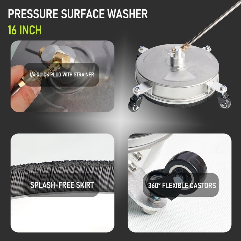 Hourleey 16" Pressure Washer Surface Cleaner, Stainless Steel Surface Cleaner