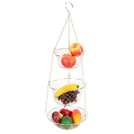 3 Tier Hanging Fruit Basket Kitchen Fruit Basket Multifunctional Fruit Basket Vegetable Storage Basket Metal Chain Hook Removable Round Wire Basket