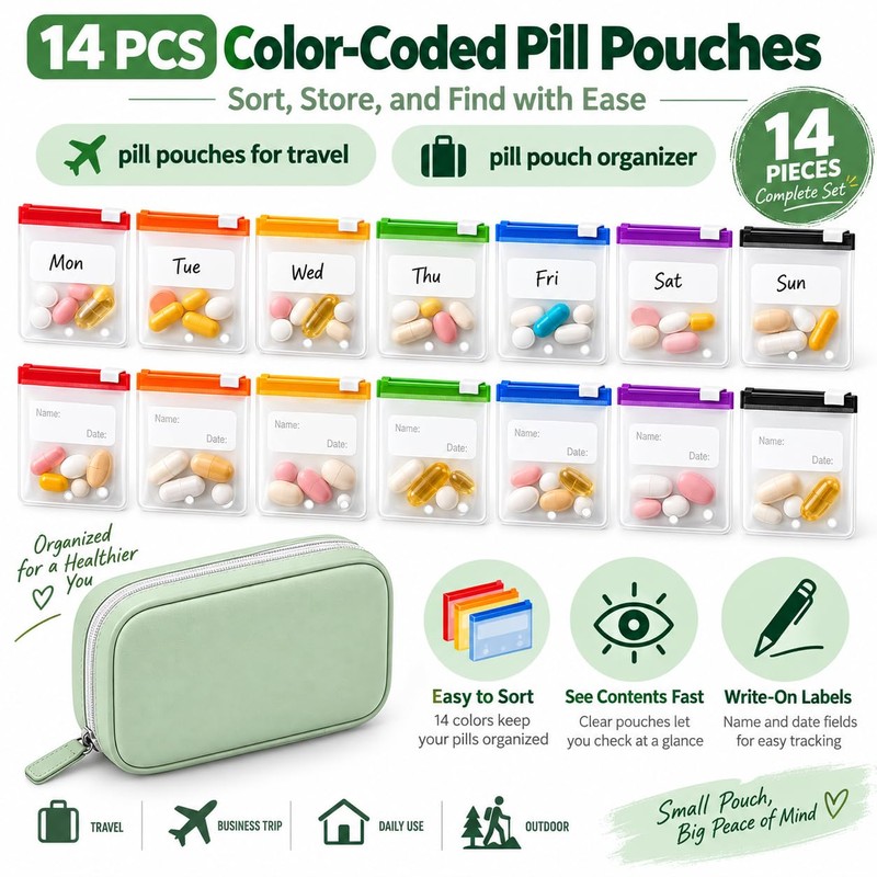 Pill Pouches for Travel, 14 Reusable Pill Pouches with Zipper
