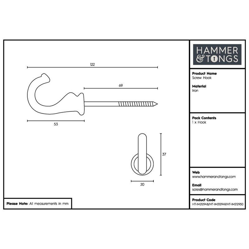 Hammer and Tongs - Screw Hook - W20mm x H35mm