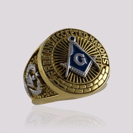 UNIQABLE Handcrafted Square And Compass Masonic Blue Stone Free and Accepted Masons Ring Yellow Version 18k Gold Pld BR-18 (10.5)