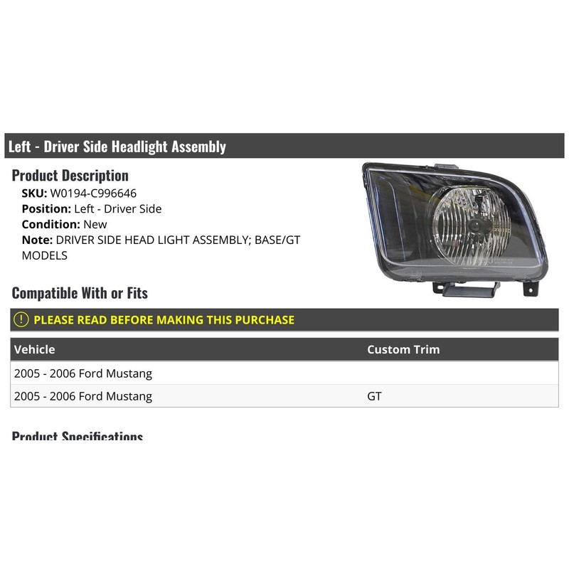 Left Driver Side Headlight Assembly - Compatible with 2005-2006 Ford