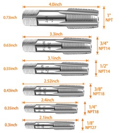 6-Piece NPT Pipe Tap Set, Precision Carbon Steel NPT Tap Set for Clean Accurate Threads, 1", 3/4", 1/2", 3/8", 1/4", 1/8" NPT Tap, Perfect for Plumbers Mechanics DIYers, with Durable Plastic Case