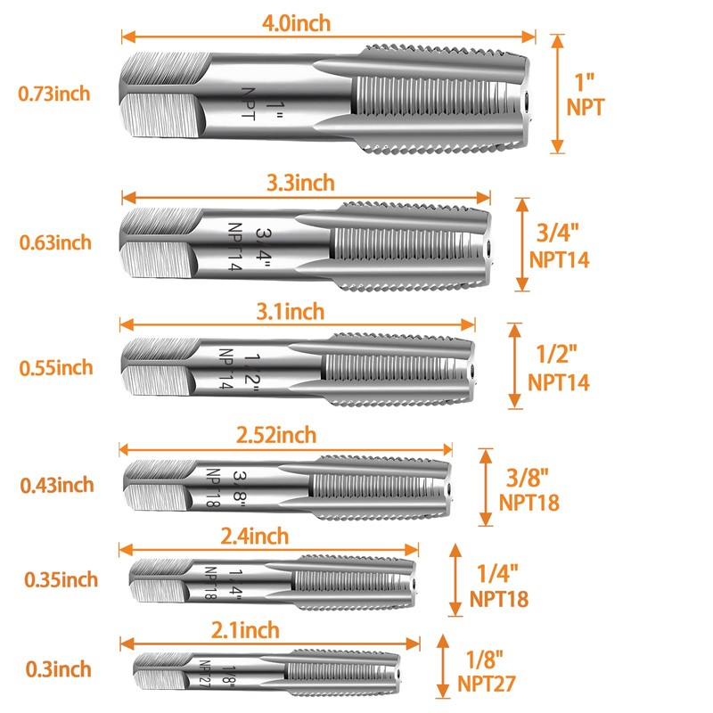 6-Piece NPT Pipe Tap Set, Precision Carbon Steel NPT Tap