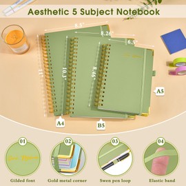 Hardcover Spiral Notebooks for Work, 5 Subject Notebook College Ruled with Dividers Tabs, 8.5" x 11" Lined Notebook Journal for women, A4 Large Notebooks for School Note taking, 240 Pages Green