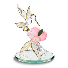 Diamond2Deal Hummingbird and Pink Porcelain Rose Handcrafted Glass Figurine