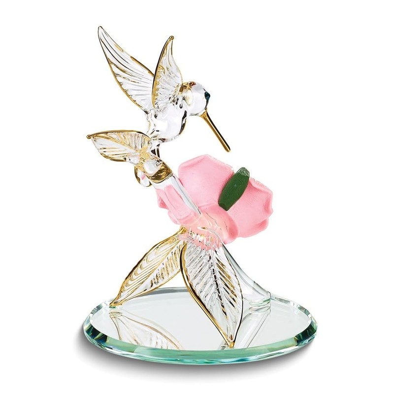 Diamond2Deal Hummingbird and Pink Porcelain Rose Handcrafted Glass Figurine