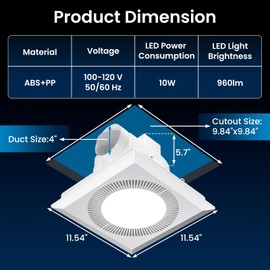 Hon&Guan Bathroom Exhaust Fan with Light, Upgraded Quiet Square Bathroom Vent Fan with Adjustable LED Light 3000K/4500K/6500K, 110 CFM, 1.0 Sones, Exhaust Fan with Light for Home Bath Hotel