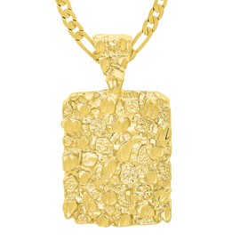 The Bling Factory 14K Gold Heavy Plated Chunky Nugget Textured Rectangular Pendant + 20" 2.4mm Figaro Chain Necklace Set