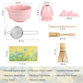 Matcha Whisk Set 8 PCS - DIY Matcha Set with Bamboo Whisk, Matcha Scoop,Easy-Clean Ceramic Matcha Set, Unique Pink Matcha Bowl with Spout, Gift for Matcha Lover and Beginners
