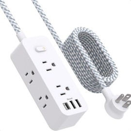 Power Strip Surge Protector, 5Ft Extension Cord, 6 Outlets with 3 USB Ports(1 USB C Outlet), 3-Side Outlet Extender, Wall Mount, Compact for Travel, Home, School, College Dorm Room and Office - Color: White  15FT-Right Angle Plug
