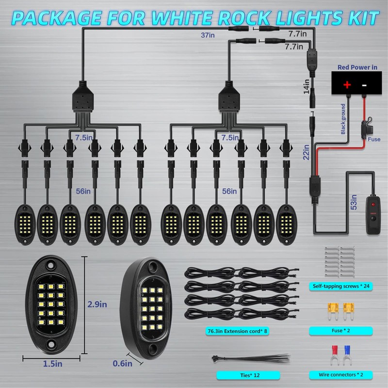 12Pods All Pure White LED Rock Lights Full Kit Plug