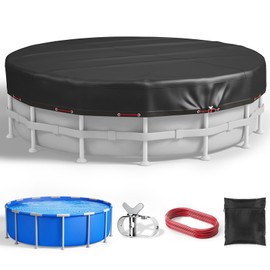 8Ft Round Pool Cover, Upgraded 420D Heavy Duty Oxford Fabric Pool Covers for Above Ground Pool with Winch and Cable, All Season Inflatable Pool Cover for UV Resistant, Waterproof and Dustproof