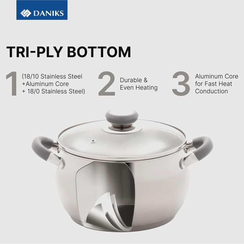 Daniks Modern 3 Quart Stainless Steel Stock Pot with Glass