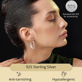 MAX + STONE 925 Sterling Silver Lightweight Chunky Textured Braided Thick Oval Hoop Earrings for Women