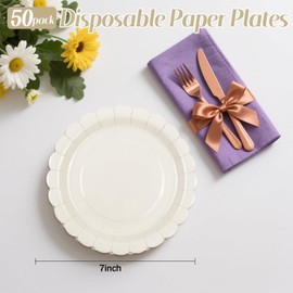 DHAIQC Pack of 50 Cream Paper Plates, 18 cm, Wavy Party Plates, Paper Plates, Birthday Plates, Disposable Plates Set for Birthday, Weddings, Anniversaries (Cream, 18 cm)