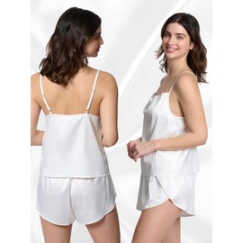 Mad Dog Satin Pajama Set For Women - Luxurious 2 Piece Silky Feel PJ Lounge Short Set, Comfortable and Elegant Nightwear, Silk Like Sleepwear, White, X-Large