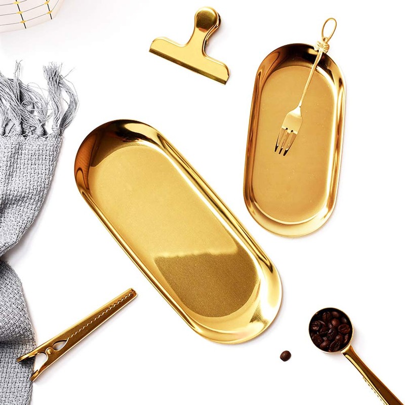Set of 2pcs Gold Oval Tray Stainless Steel Cosmetics Jewelry