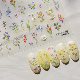 Flower Nail Stickers Summer Floral Nail Art Sticker Decal Realistic Flower Design for Women Girls 5D Embossed self-Adhesive Nail Decoration Supplies for Acrylic Nail