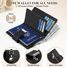 BKNOOU RFID Blocking Passport Holder with Airtag - Leather Travel Passport Wallet for Women & Men, Slim Bifold Travel Passport Holder Holds Cards & Tickets & Cash (Black)