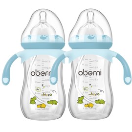 Oberni Weighted Baby Bottles with Size 4 Fast Flow Breast-Like Teat for 12 Months Plus / 1 Year Old Newborn Babies, 270ml/9oz, Non-Slip Handles, Anti-Colic, Blue/2 Pack