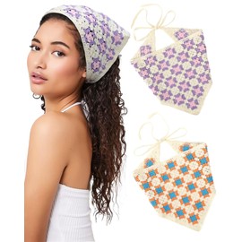 2 PCS Crochet Bandanas Floral Bandana Headband Tie Knitted Headscarf Hair Bandanas for Women Girls Head Kerchief (Clover (orange + purple))