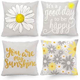 Hexagram Spring Summer Pillow Covers 20x20 Set of 4, Yellow Grey Decor Pillows Sunflower Throw Pillow Covers