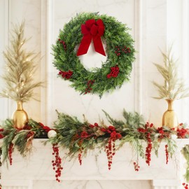 GarveeHome Christmas Wreaths for Front Door, 24 Inch Large Outdoor Christmas Wreath with Berries Velvet Bow, Winter Artificial Cypress Wreath Xmas Wreath for Indoor Window Wall Fireplace Holiday Decor