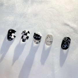 2+1 Event Black Horizontal Cat Checkerboard Nail - Coffin (Long) / 2+1 이벤트  블랙 가로 고양이 체커보드 네일 - 코핀(롱)