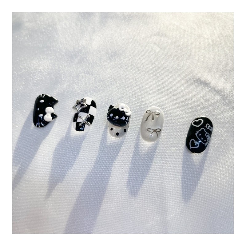 2+1 Event Black Horizontal Cat Checkerboard Nail - Coffin (Long)