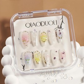 Handmade Press on Nails Almond Medium Length 3D Pearl Nails Acrylic Fake Nails False Nails with Flower Butterfly Designs Full Cover Artificial Nail Rhinestones Stick on Nail for Women DIY 10Pcs(L)