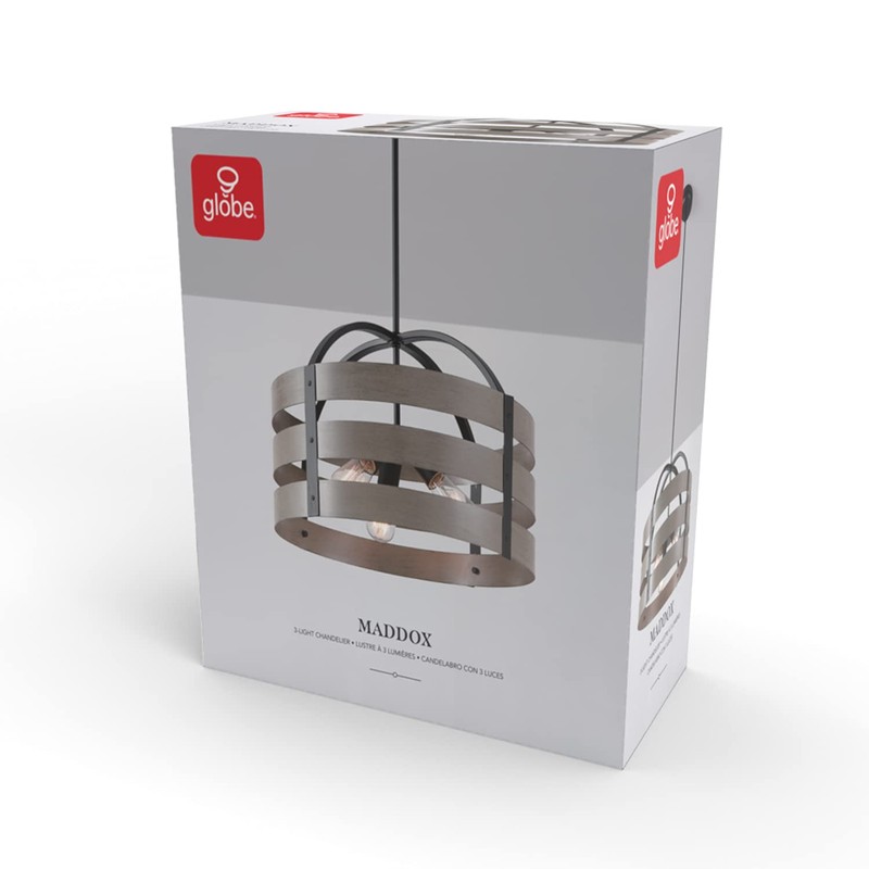 Globe Electric 60803 Maddox 3-Light Chandelier, Matte Black, Faux Wood