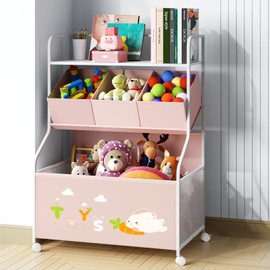 BBLIKE Toy Storage Organizer with Wheels - 3-Tier Kids Large Toy Box, Toy Chest Storage for Boys Girls Toddlers, Kids Bookshelf with 3 Fabric Toy Boxes for Playroom, Pink
