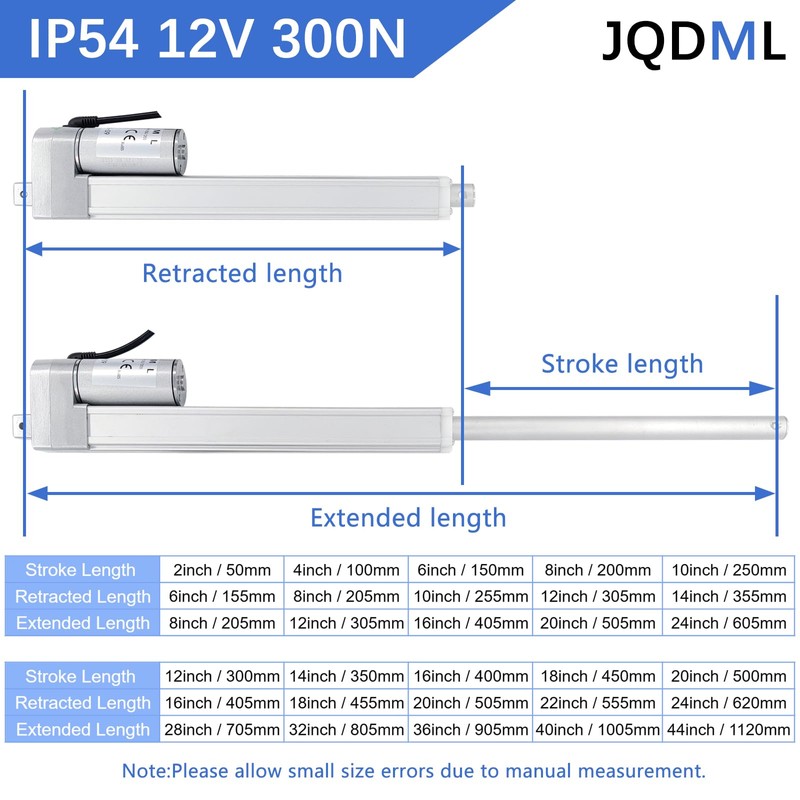 JQDML 12 Inch Stroke 12V Linear Actuator 300N/66lbs Speed 1.77"/sec
