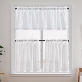 Marjoramy 3 Pieces White Short Curtain Valance, Translucent Cafe Curtains, Cafe Voile Valances, Sheer Cafe Curtains, Cupboard Curtain Kitchen Valances, Small Window Curtains for Kitchen Balcony