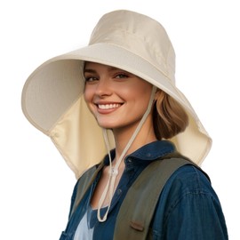 Yolyoo Women Men Sun Hats Rollable UV Protection Fishing Hats Wide Brim UPF 50+ with Face Cover & Neck Flap Beige
