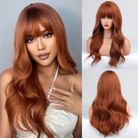 Luxclipse Auburn Wigs Human Hair with Bangs, Long Curly Orange Wig for Women, Glueless Breathable Capless Heat Resistant Tangle Free Perfect for Daily Use