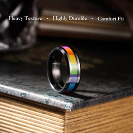 King Will Tungsten Carbide Wedding Band for Men - 8mm Black Plated High Polished Inlay Rainbow Sticker Rings for Weddding Engagement Comfort Fit 9.5