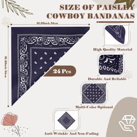 Tranqun 24 Pcs Large Head Bandana Men Paisley Cowboy Bandanas for Men Women 21.25 x 21.25 In Oversized Bandana Scarf Headband (Navy Blue,Classic)