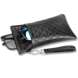 RayLove Double Eyeglasses Pouch with Carrying Strap PU Leather Soft Glasses Case Portable Sunglass Case For Women Men BLACK