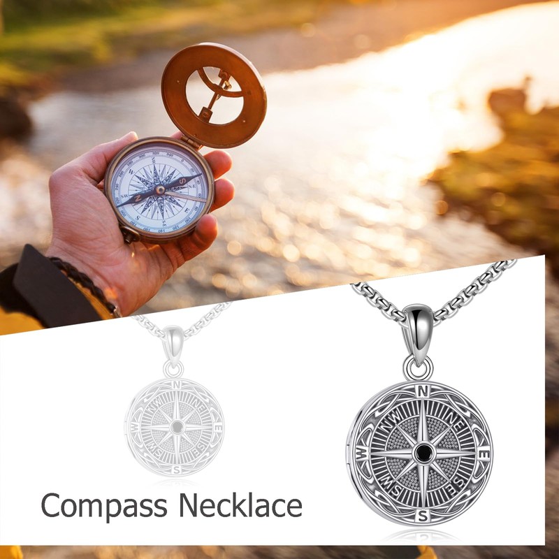 URONE Compass Locket Chain 925 Sterling Silver Compass Locket Pendant