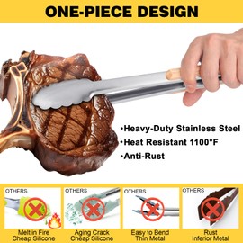 Premium Metal Kitchen Tongs for Cooking - Heat Resistant 1100°F Stainless Steel Tongs with Comfortable Wooden Grips - Perfect for Grill, Salad, Toaster, Cooking, and Serving Food (12-inch)