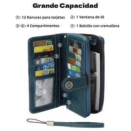 Cartera para Mujer de Piel, con Bloqueo RFID, Billetera Grande con Cremallera, Monedero para Móvil de Dama Minimalista, Tarjetero Moda de Gran Capacidad, Regalos para Chicas y Mujeres (Azul)