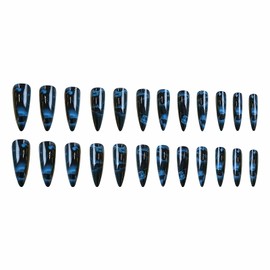 MISUD Press on Nails - Long Stiletto Fake Nails with Goth Black Blue, Acrylic Butterfly Design 24 pcs